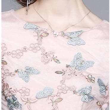 結婚式お呼ばれドレス 結婚式お呼ばれドレス 花刺繍チュール重ね 七分袖チュニックドレス