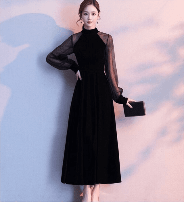 結婚式お呼ばれドレス　ホルターネック風シースルー　長袖ワンピースドレス