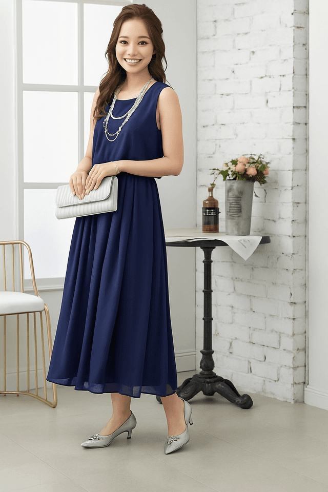 結婚式お呼ばれドレス エレガント無地シフォンワンピース