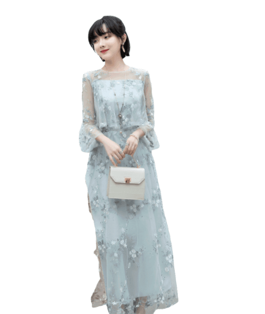 結婚式お呼ばれドレス 花刺繍レース重ね マキシワンピース