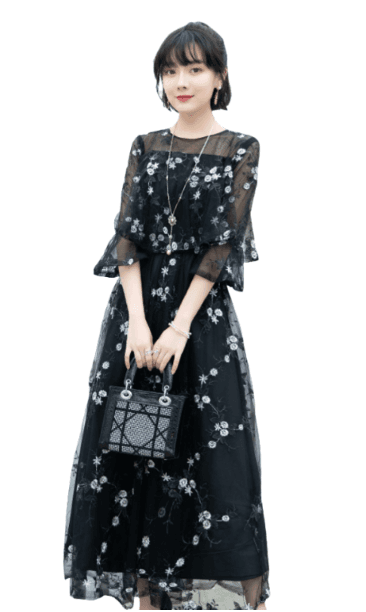 結婚式お呼ばれドレス 花刺繍レース重ね マキシワンピース