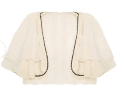 結婚式お呼ばれドレス　フリルたっぷり　シンプルなシースルーボレロ