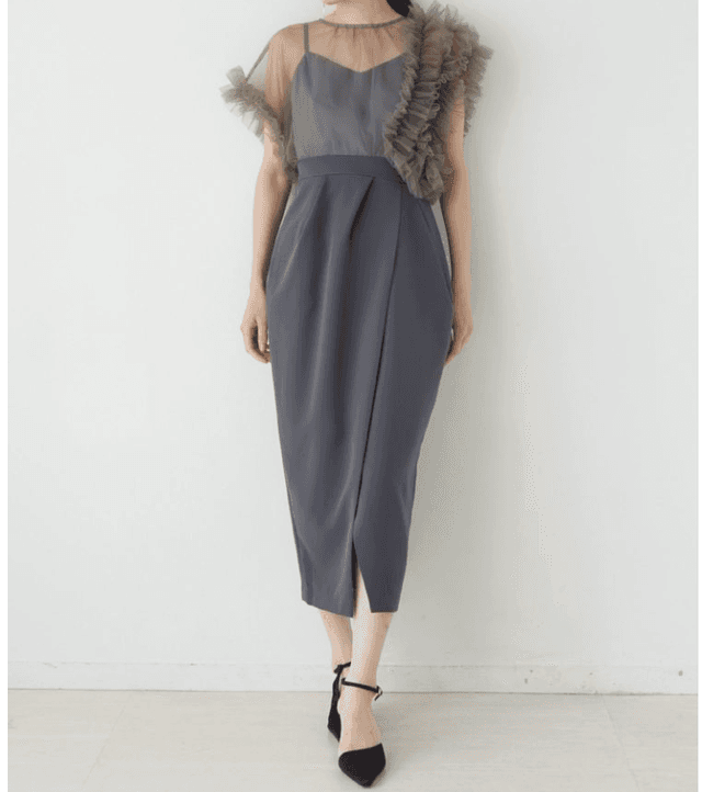 結婚式お呼ばれドレス  ラッフルチュールボディコンドレス