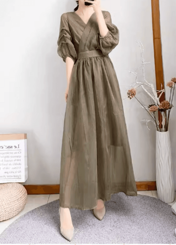 結婚式お呼ばれドレス　カシュクールシフォンVネックワンピース
