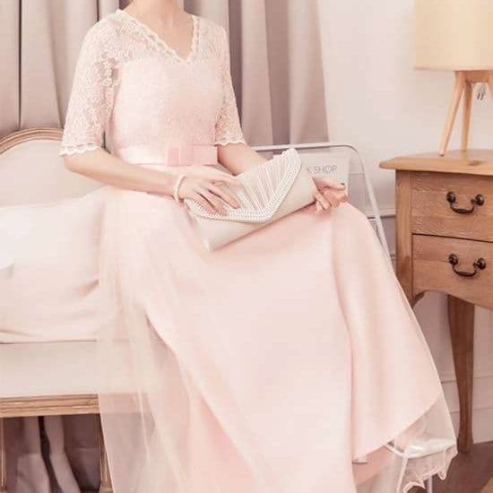 結婚式お呼ばれドレス　レース縫合のロングドレス