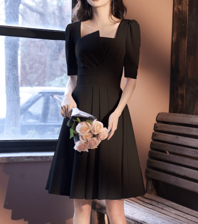 結婚式お呼ばれドレス パフスリーブギャザープリーツドレス