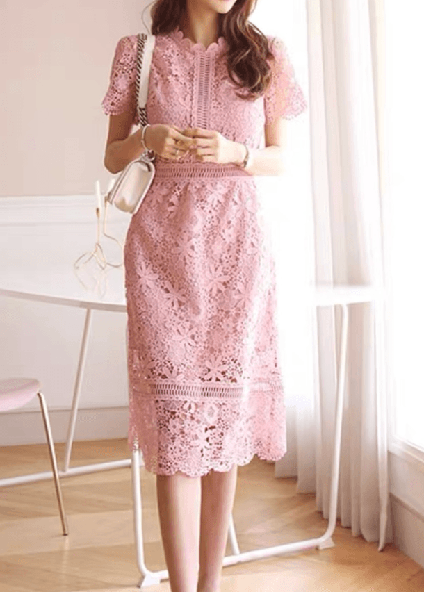 結婚式お呼ばれドレス　花柄レース　甘さいっぱいのカジュアルワンピースドレス