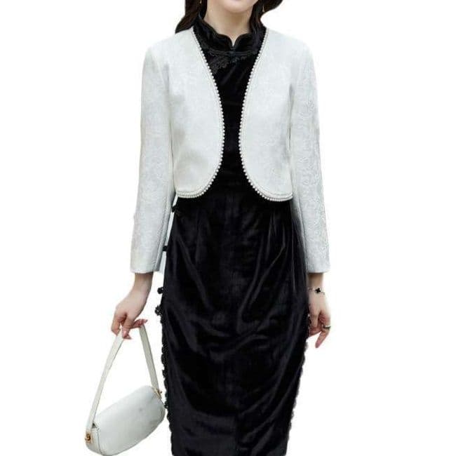 結婚式お呼ばれドレス  パールトリム ショートボレロジャケット