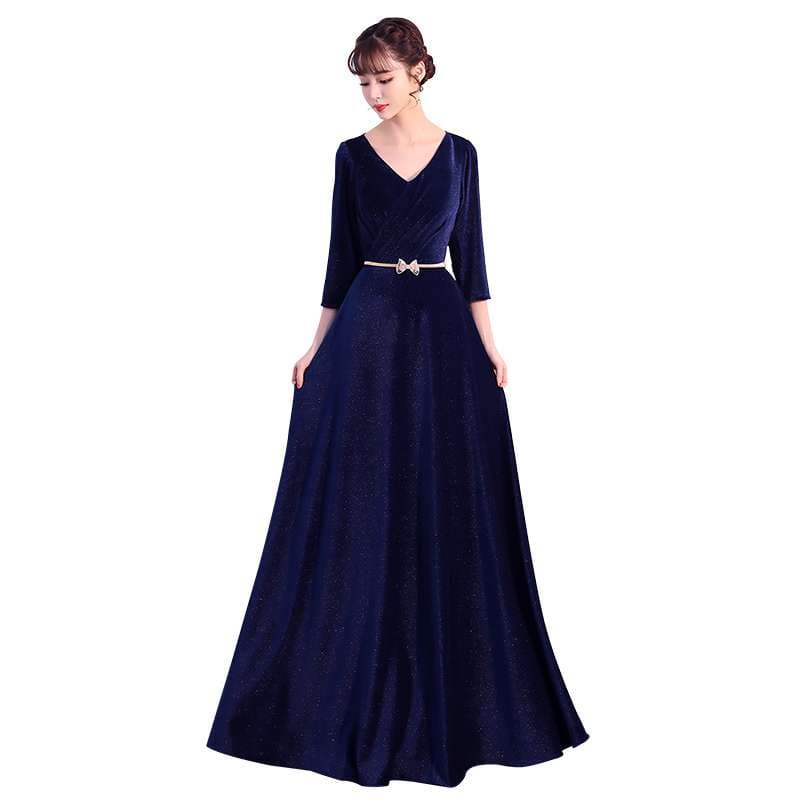 結婚式お呼ばれドレス  エレガントVネックベルベットロングドレス