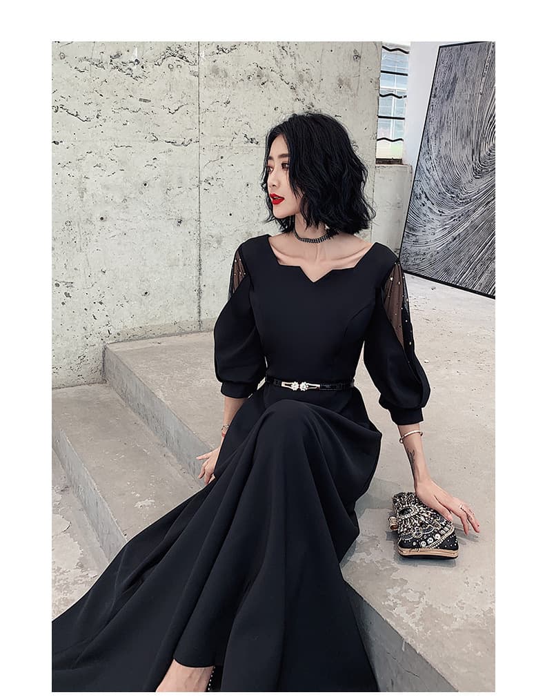 結婚式お呼ばれドレス シアー袖パール付きマキシワンピース