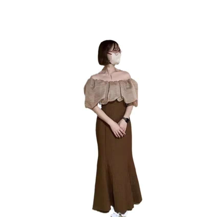 ふんわりオフショルダータイトワンピースドレス
