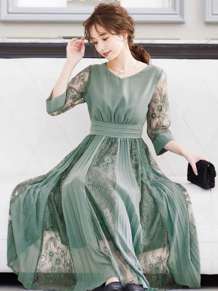 結婚式お呼ばれドレス シフォンプリーツシースルーワンピース