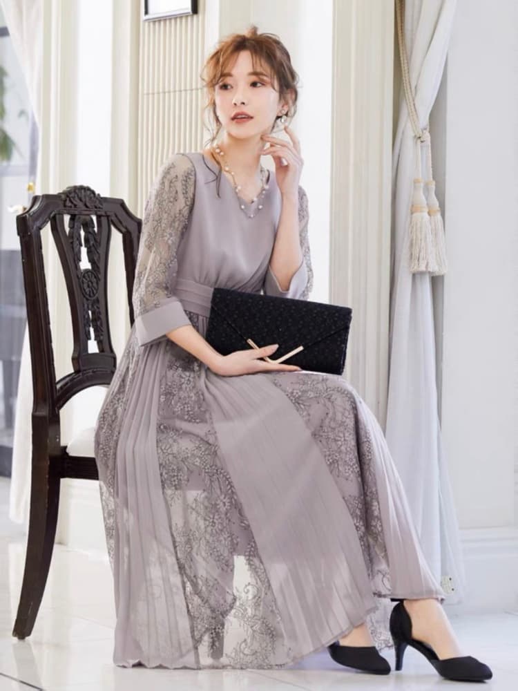 結婚式お呼ばれドレス シフォンプリーツシースルーワンピース