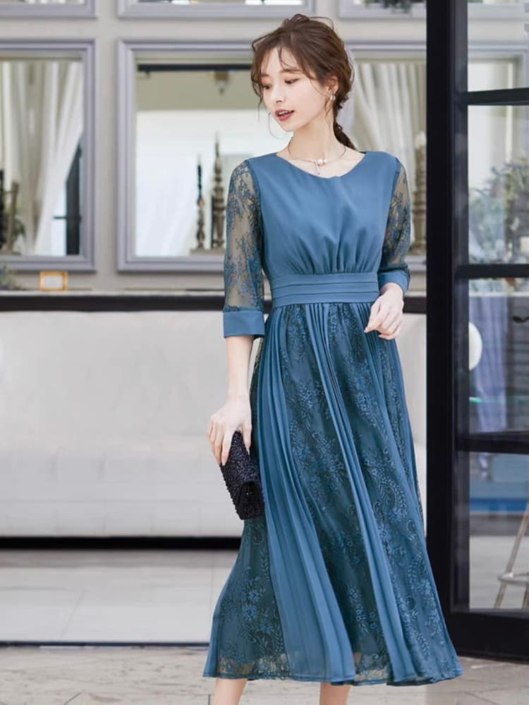 結婚式お呼ばれドレス シフォンプリーツシースルーワンピース