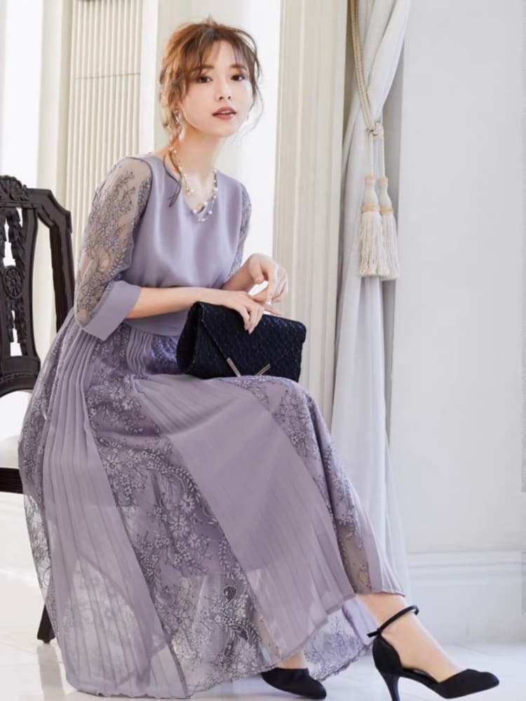 結婚式お呼ばれドレス シフォンプリーツシースルーワンピース