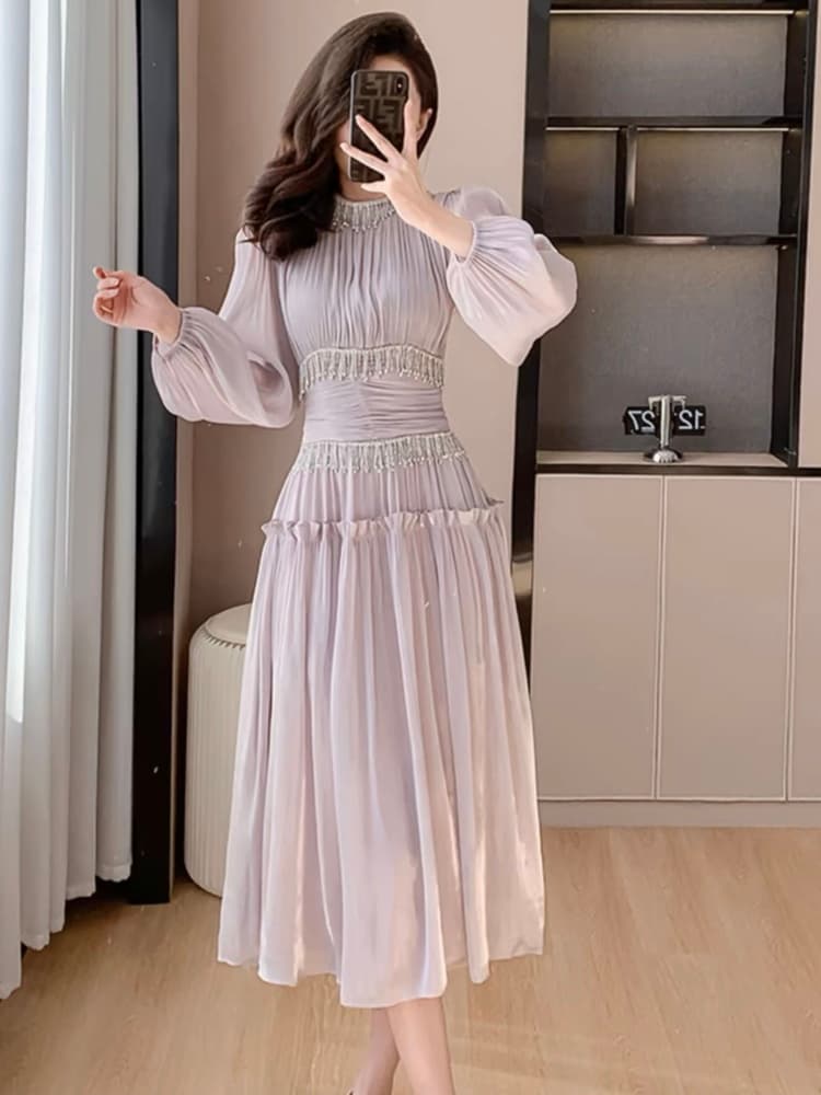 結婚式お呼ばれドレス とろみ素材シフォンフレアーワンピース