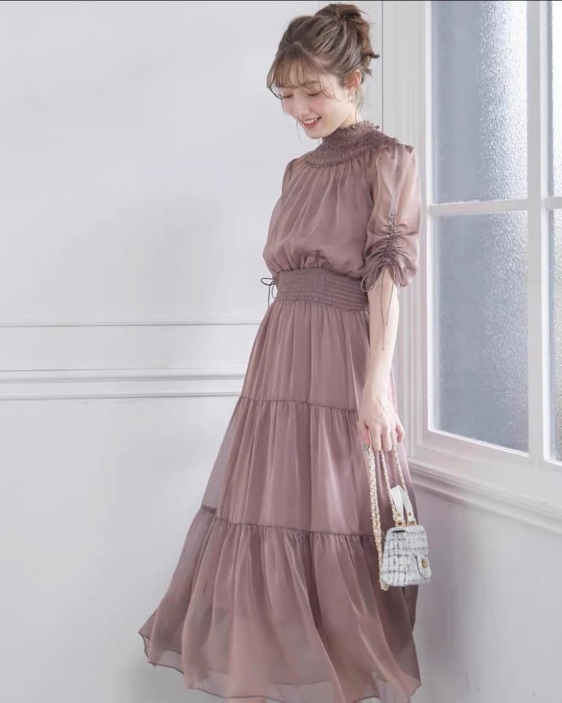 結婚式お呼ばれドレス ハイネックチュール ティアードワンピースドレス