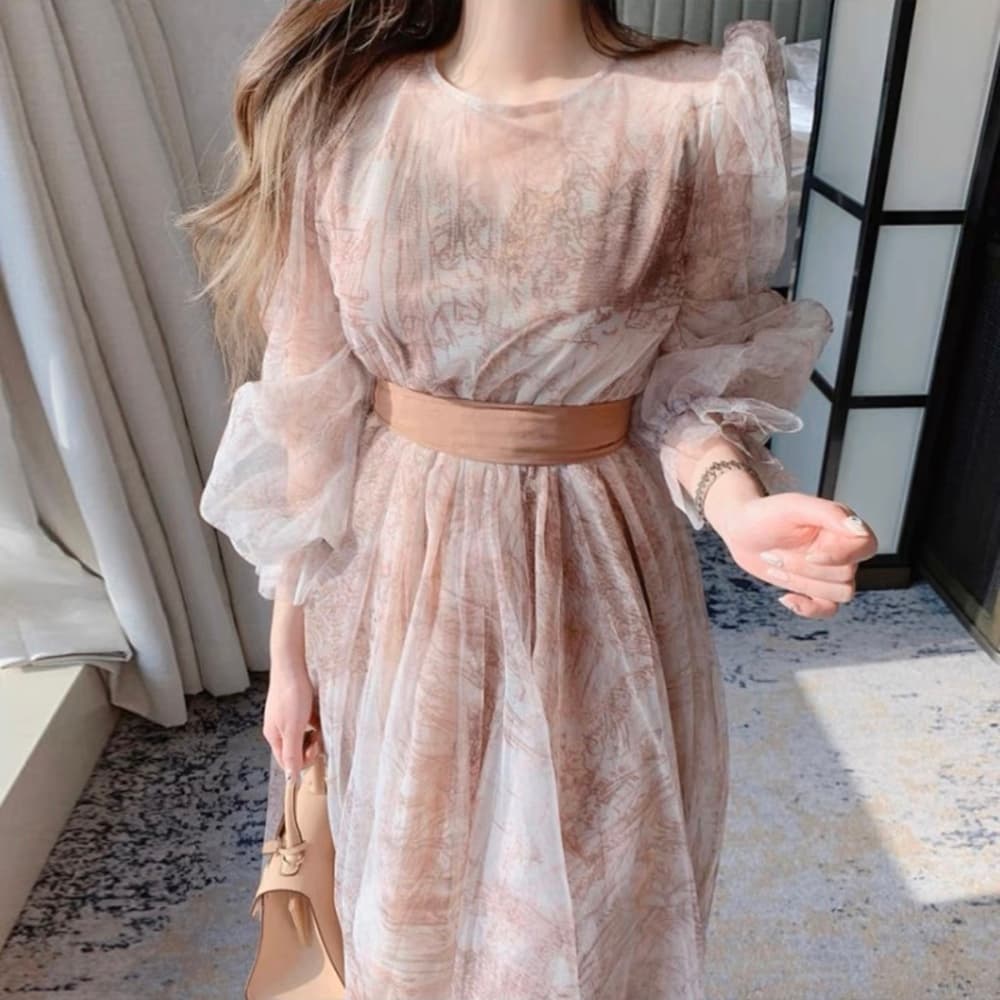 結婚式お呼ばれドレス パフスリーブシースルーシフォンワンピース