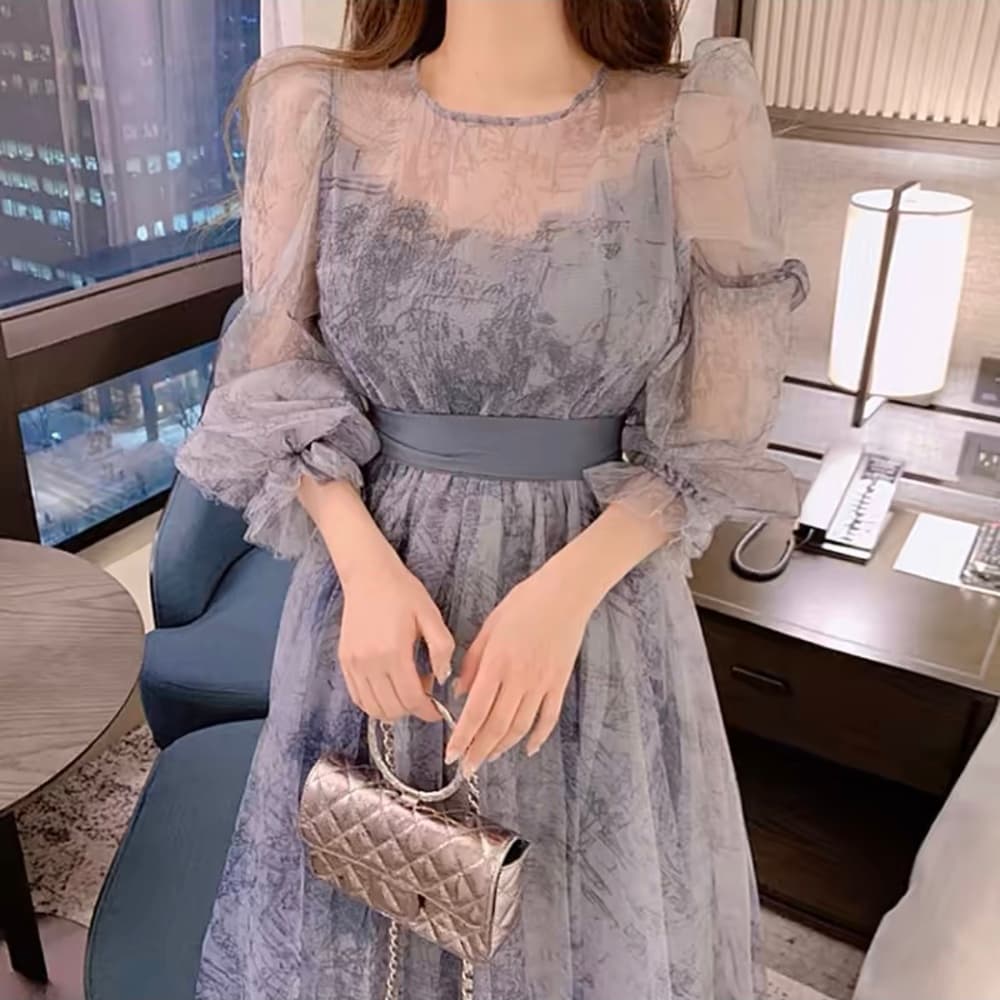 結婚式お呼ばれドレス パフスリーブシースルーシフォンワンピース