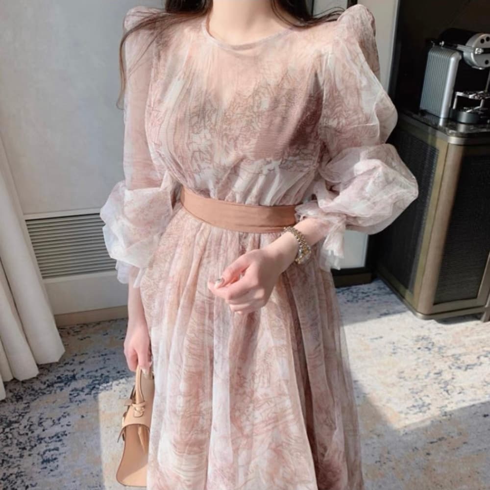 結婚式お呼ばれドレス パフスリーブシースルーシフォンワンピース