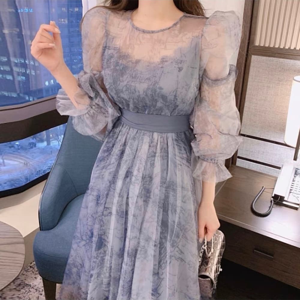 結婚式お呼ばれドレス パフスリーブシースルーシフォンワンピース