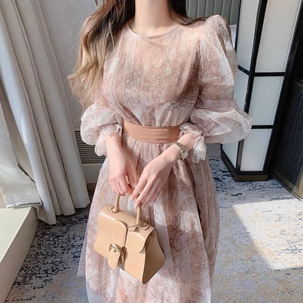 結婚式お呼ばれドレス パフスリーブシースルーシフォンワンピース