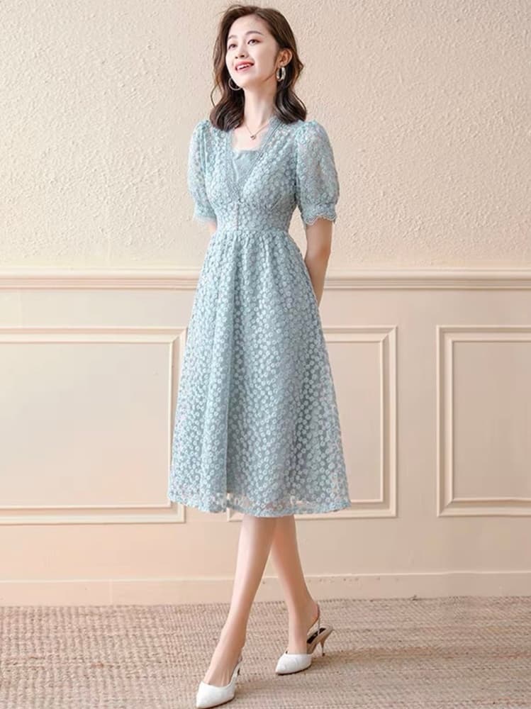 結婚式お呼ばれドレス 花柄シースルーシンプルカジュアルワンピース