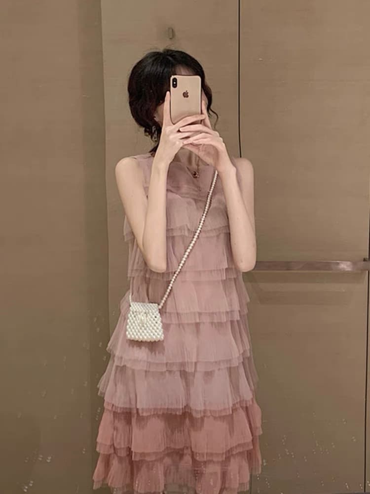 結婚式お呼ばれドレス 涼やかなノースリーブ 透け感あるティアードワンピースドレス