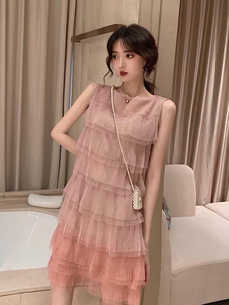 結婚式お呼ばれドレス 涼やかなノースリーブ 透け感あるティアードワンピースドレス