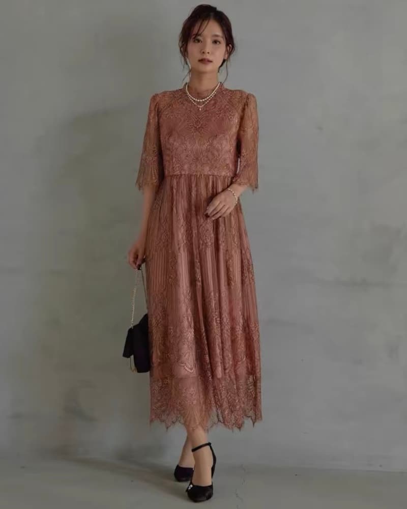 結婚式お呼ばれドレス グレージュカラーレースワンピース