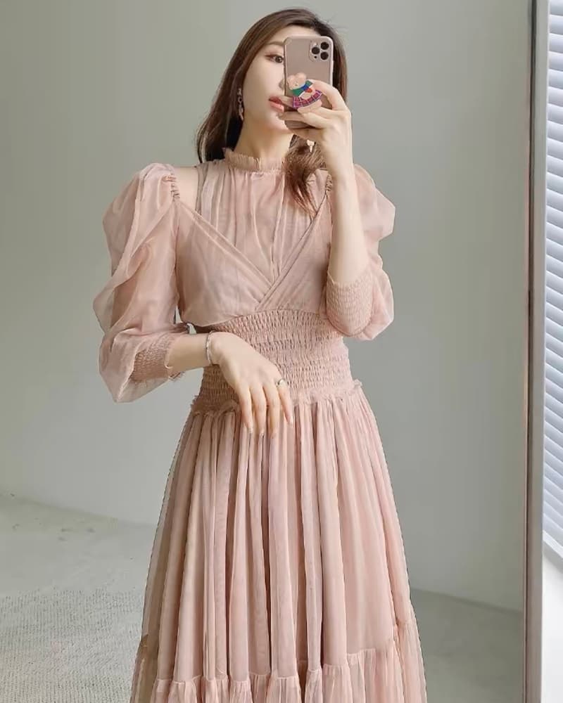 結婚式お呼ばれドレス パフスリーブメッシュティアードワンピース