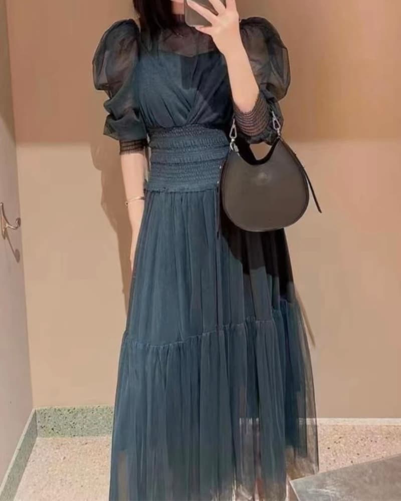 結婚式お呼ばれドレス パフスリーブメッシュティアードワンピース