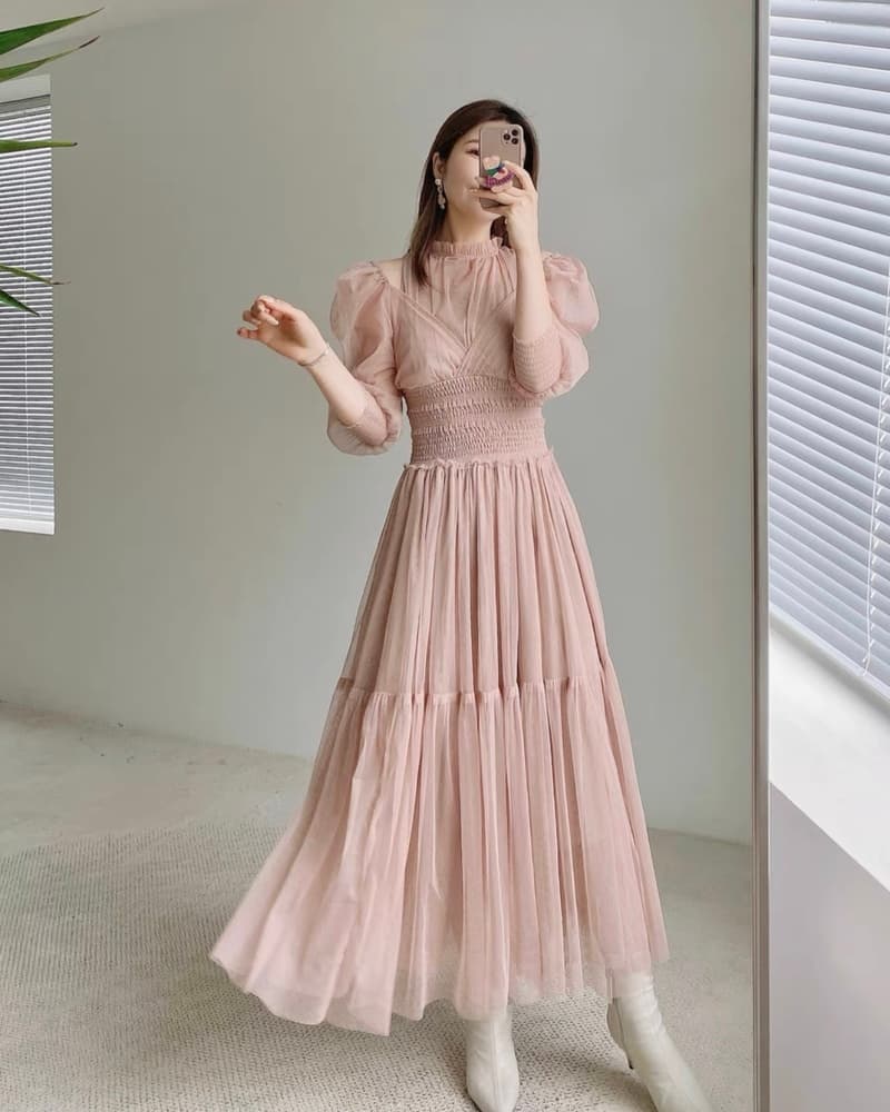 結婚式お呼ばれドレス パフスリーブメッシュティアードワンピース