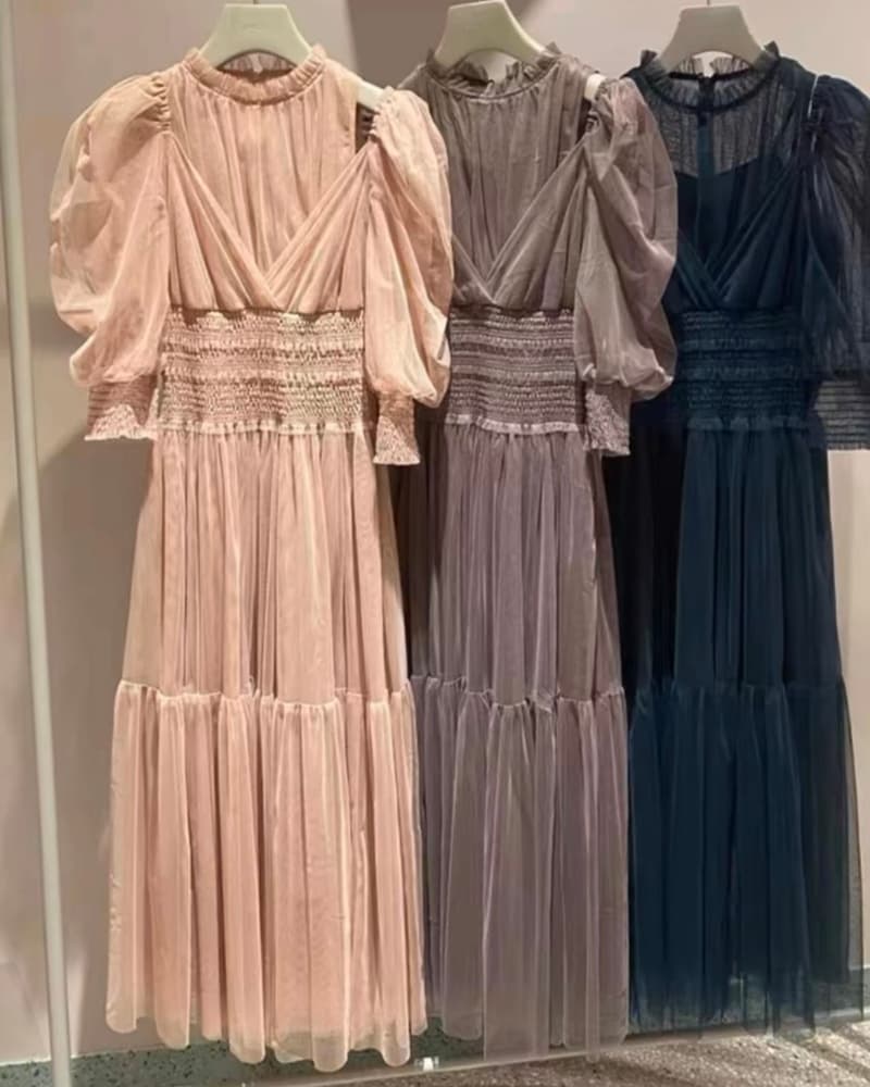 結婚式お呼ばれドレス パフスリーブメッシュティアードワンピース