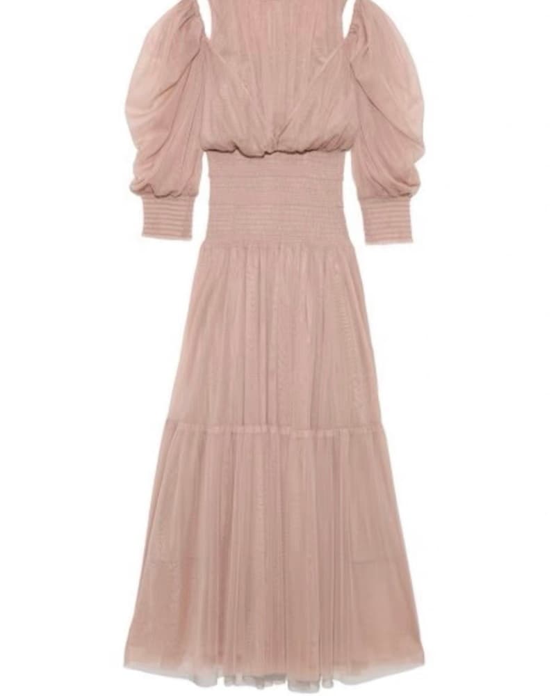 結婚式お呼ばれドレス パフスリーブメッシュティアードワンピース