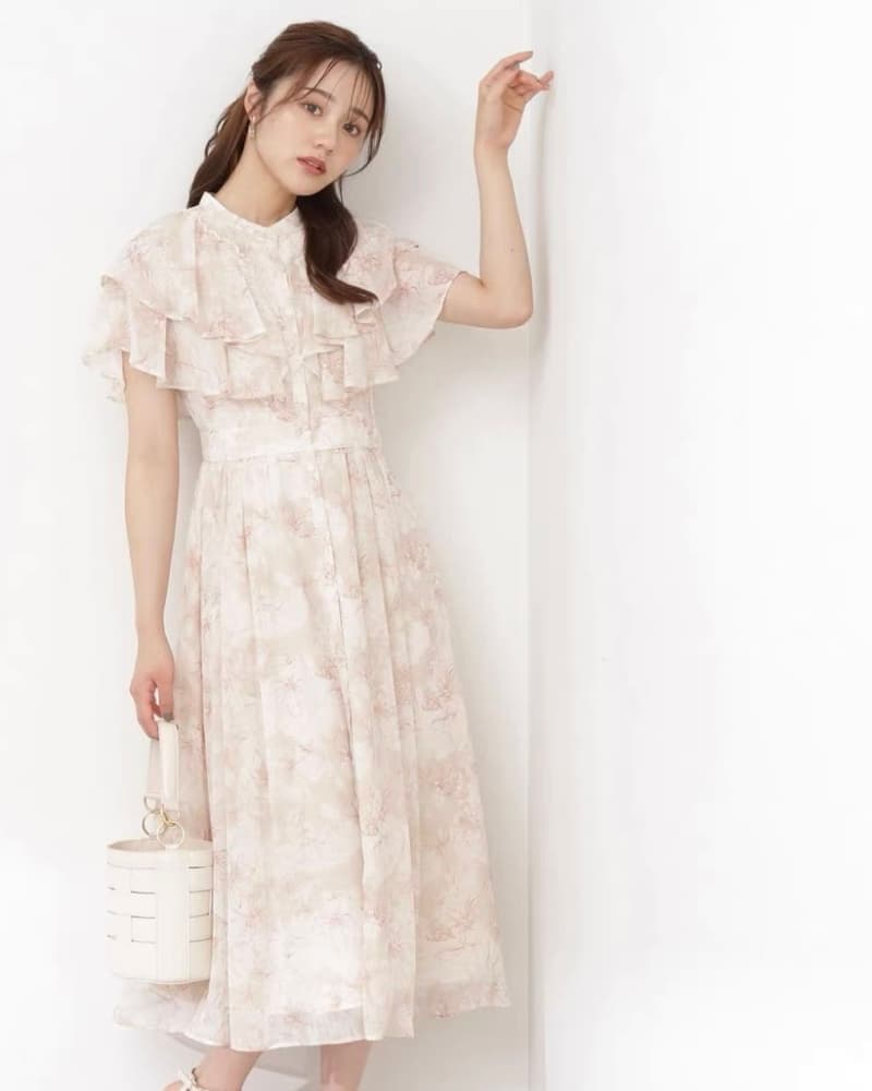 結婚式お呼ばれドレス ボレロっぽいフリルが上品 花柄シースルーワンピースドレス