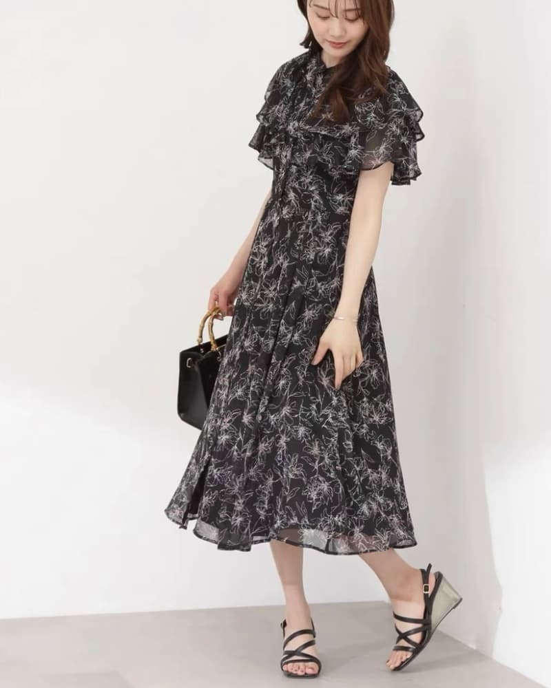 結婚式お呼ばれドレス ボレロっぽいフリルが上品 花柄シースルーワンピースドレス