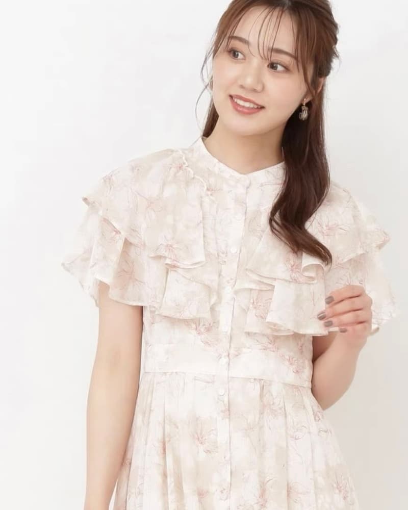 結婚式お呼ばれドレス ボレロっぽいフリルが上品 花柄シースルーワンピースドレス
