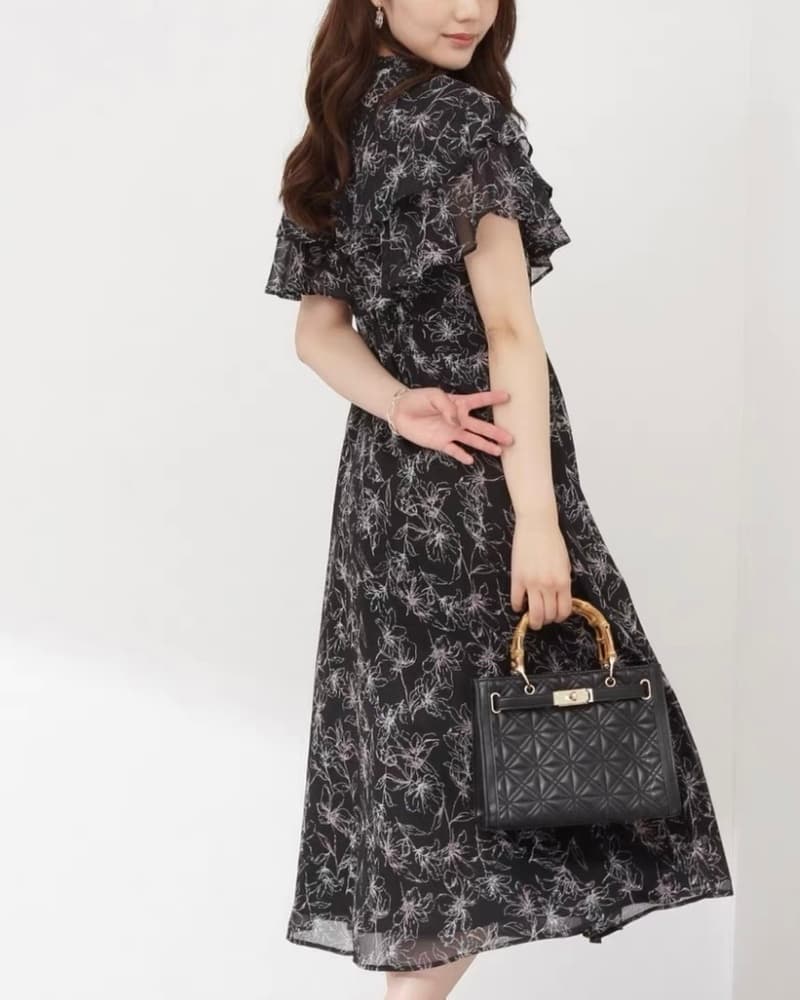 結婚式お呼ばれドレス ボレロっぽいフリルが上品 花柄シースルーワンピースドレス