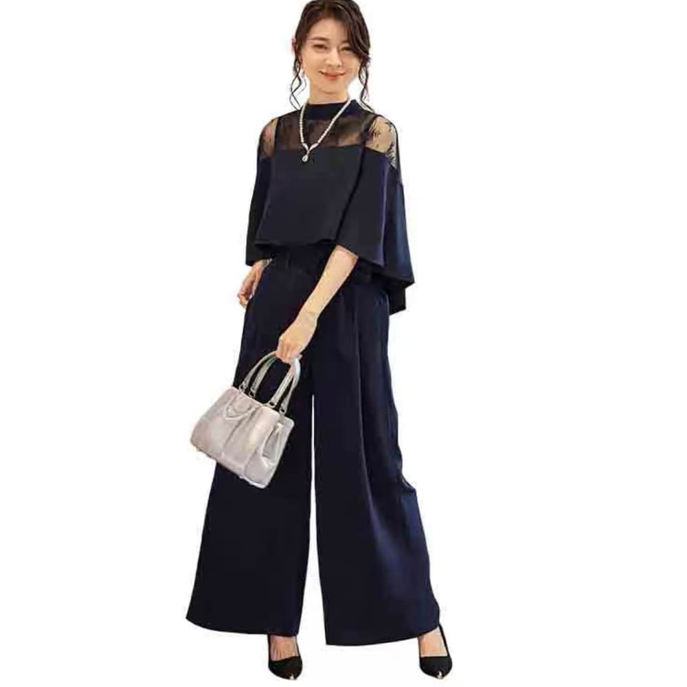 結婚式お呼ばれドレス 肩のシースルーが大人っぽい エレガントパンツドレス