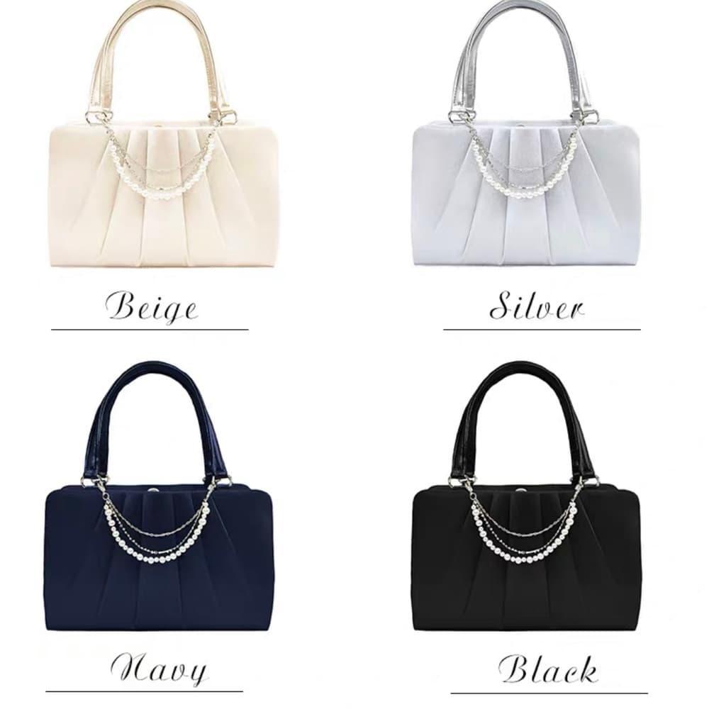 結婚式お呼ばれドレス パールのあしらいがワンポイント シンプルなサテンプリーツハンドバッグ