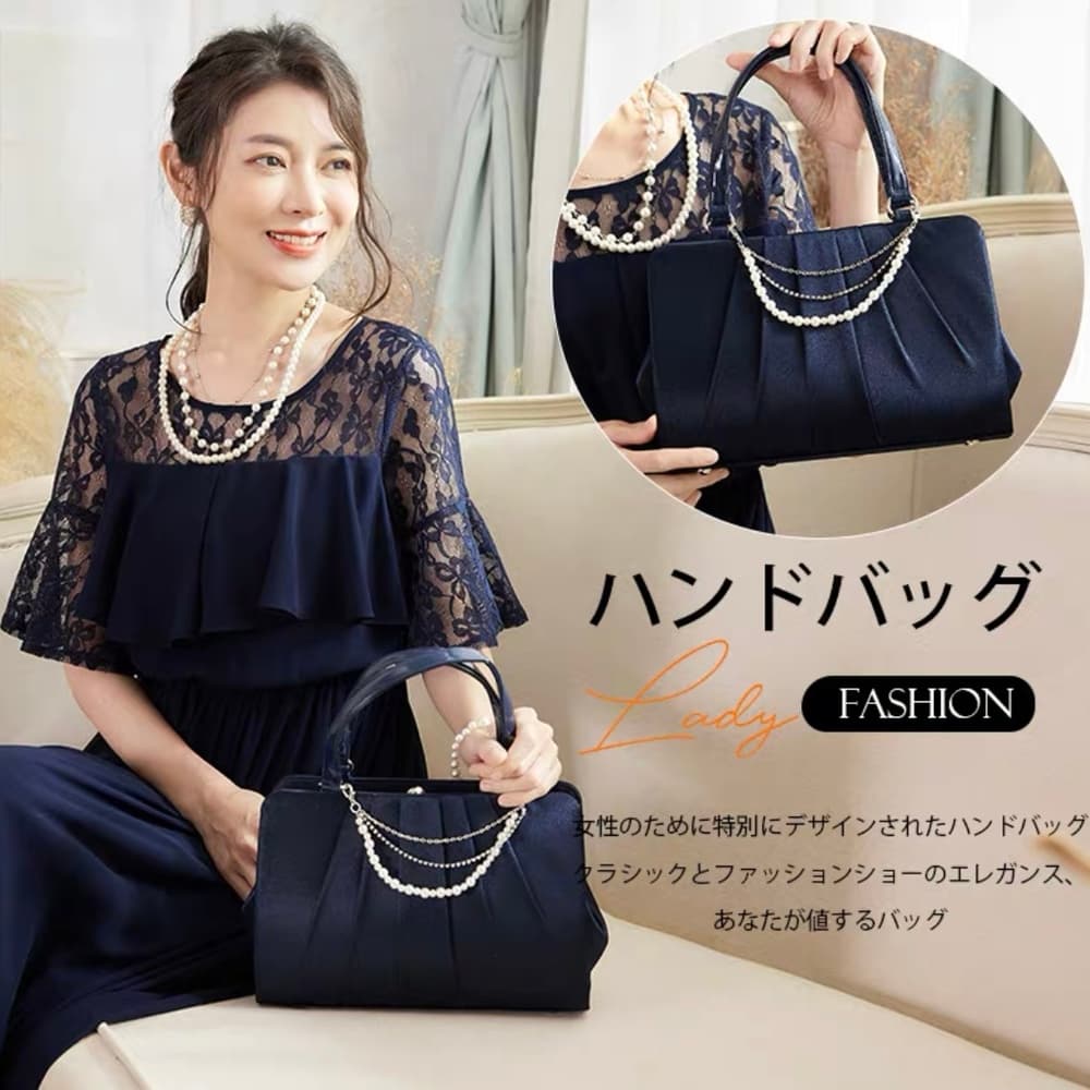 結婚式お呼ばれドレス パールのあしらいがワンポイント シンプルなサテンプリーツハンドバッグ