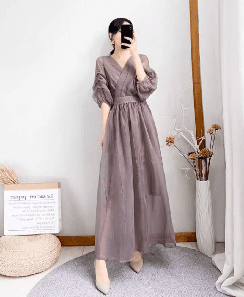結婚式お呼ばれドレス カシュクールシフォンVネックワンピース