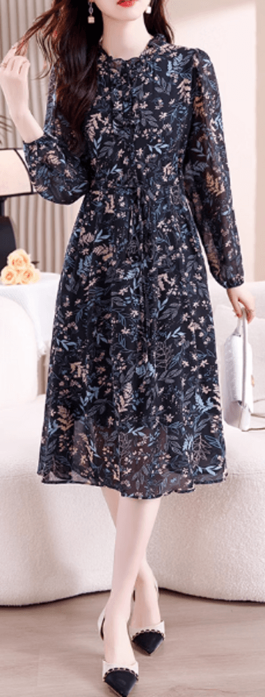 パーティドレス 長袖花柄シフォン素材 ワンピースドレス