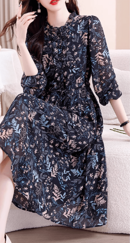 パーティドレス 長袖花柄シフォン素材 ワンピースドレス