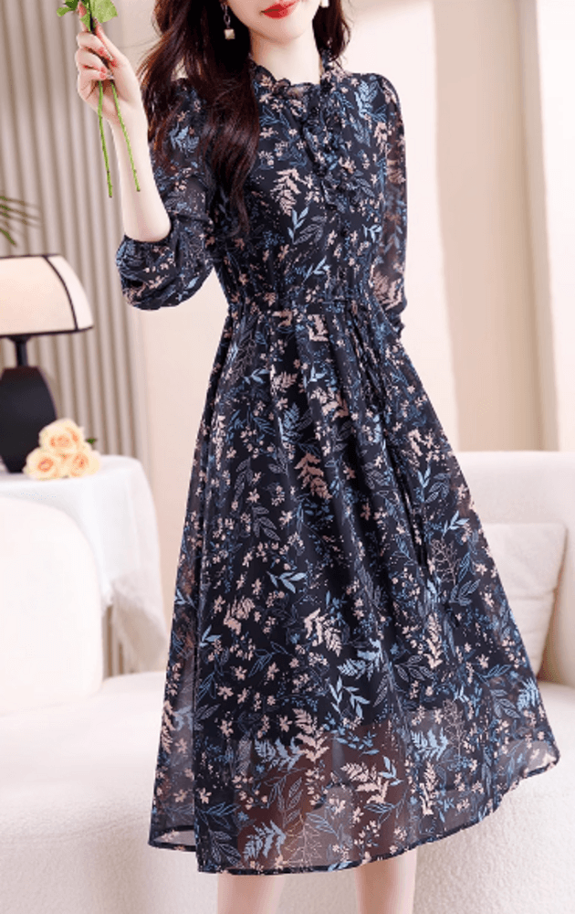 パーティドレス 長袖花柄シフォン素材 ワンピースドレス