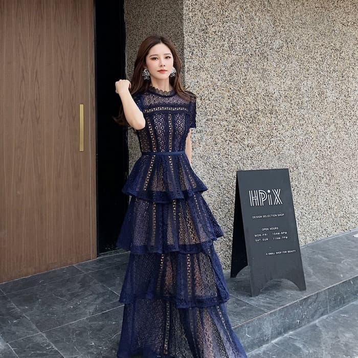結婚式お呼ばれドレス 総レースレイヤードフリルドレス