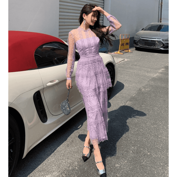 結婚式お呼ばれドレス服ウエストマークレースドレス