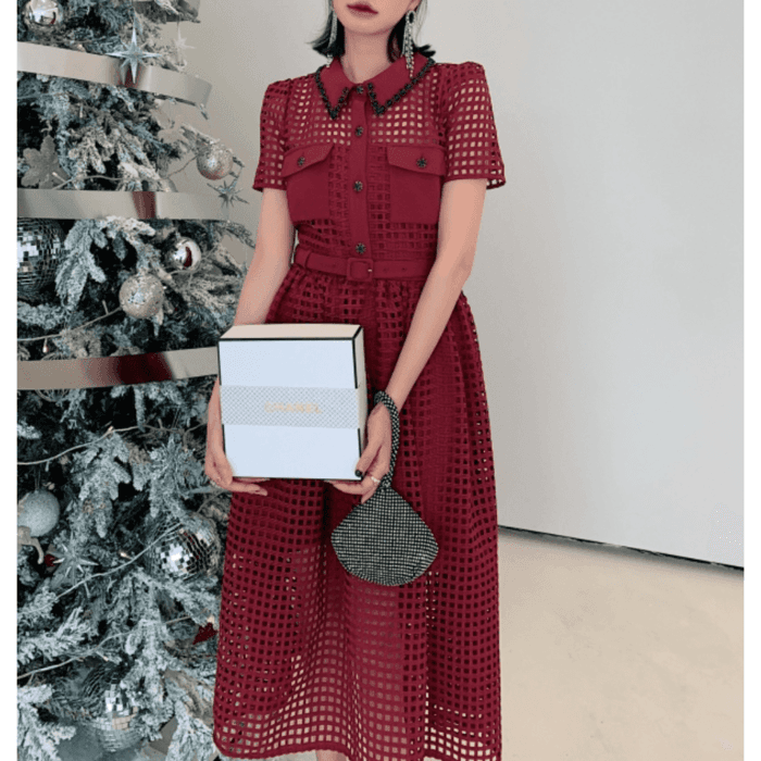 結婚式お呼ばれドレス服フレアレッドドレス