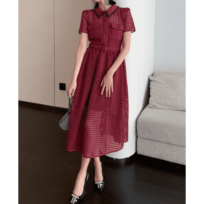 結婚式お呼ばれドレス服フレアレッドドレス
